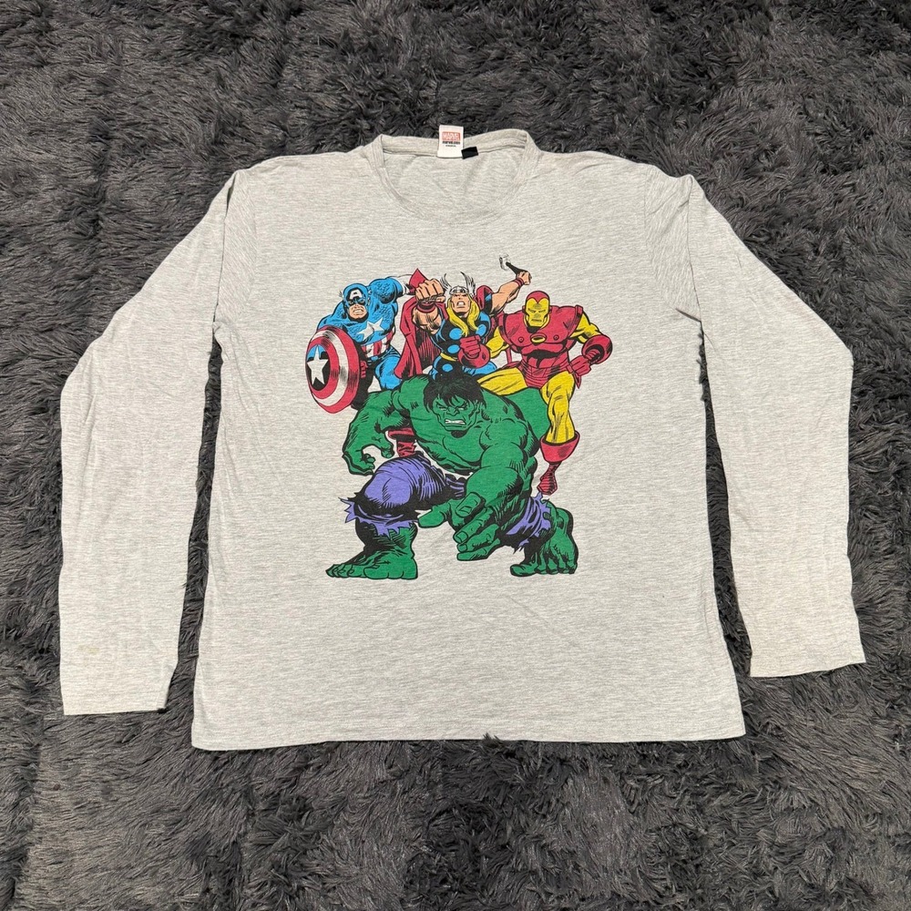 Marvel Avengers Graphic T-Shirt Gray Long Sleeve Hulk Iron Man Thor Mens M
